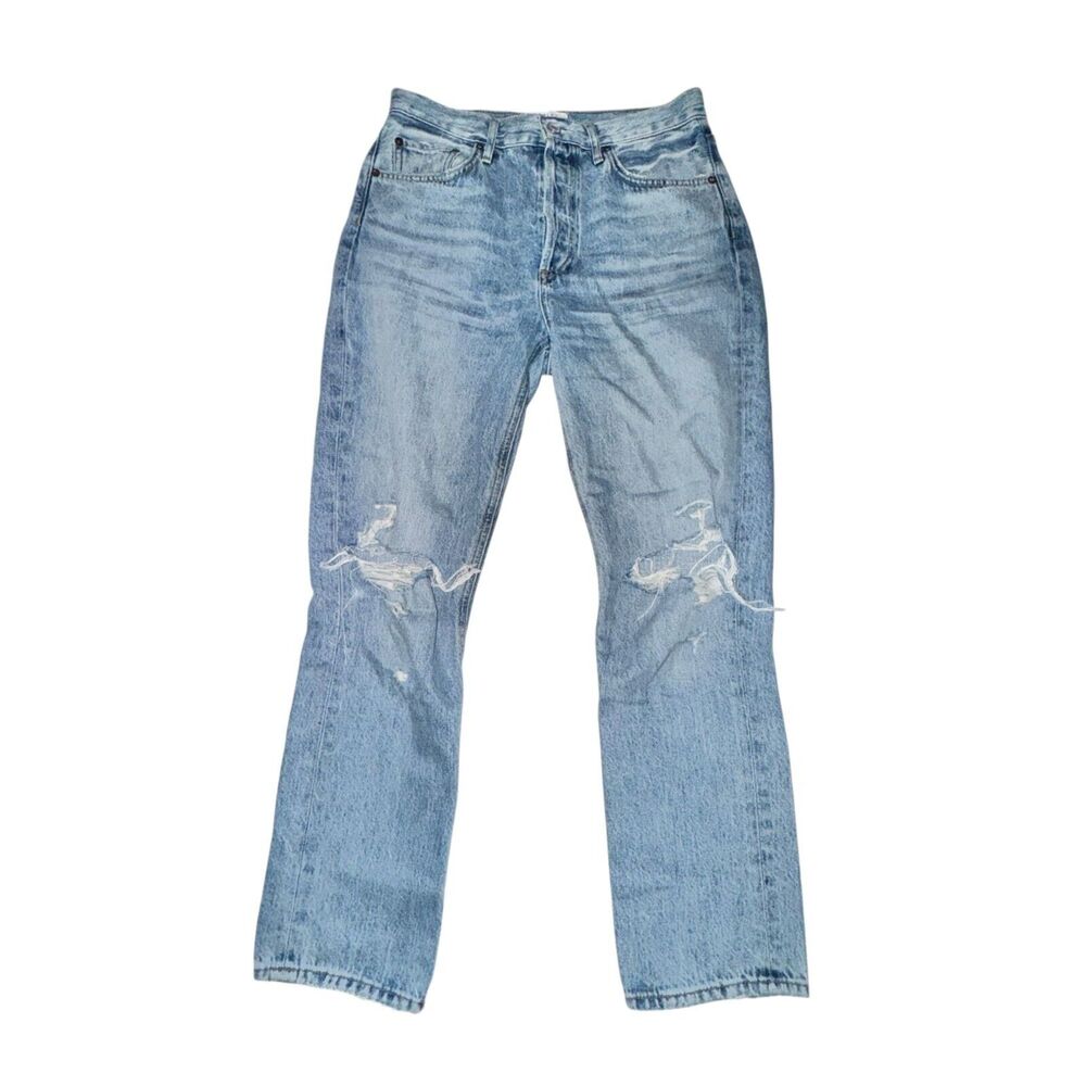 Agolde High Rise Straight Crop Women's 27 Blue Blitz Wash Button Fly Distressed
